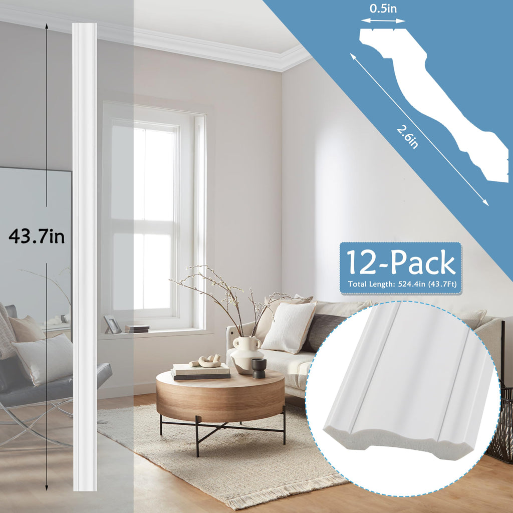 12-Pack Ceiling Crown Molding Trim 43.7FT Installation with Glue