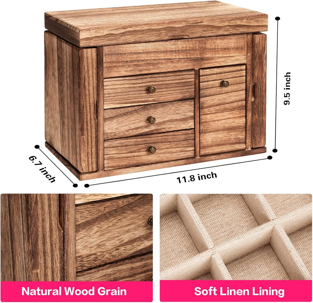 Jewelry Box Organizer, Solid Wood Jewelry Boxes for Women for Storage & Display Necklace Ring Earring Bracelet