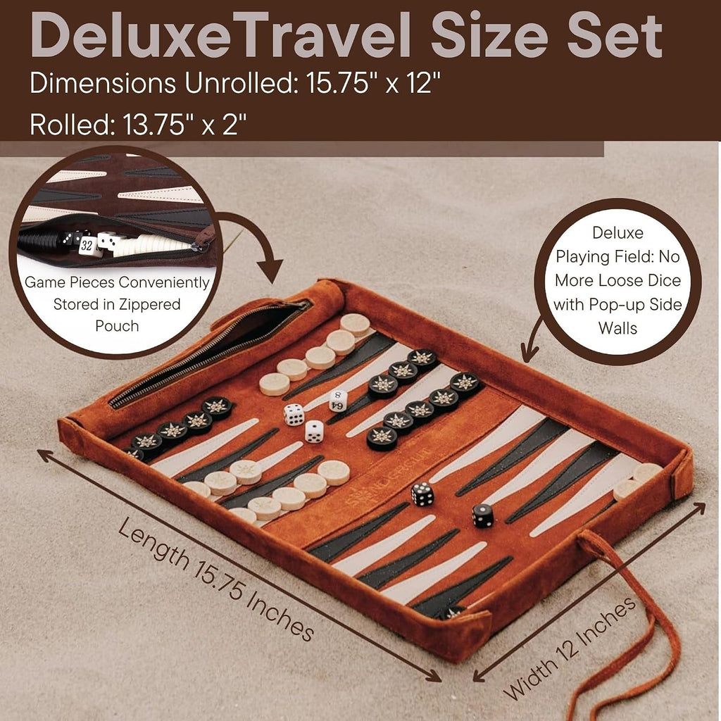 Roll-up Portable Suede Deluxe Backgammon Game Set- Elegant Design Engraved Wood Stones Pop-Up Playing Field - Set of 30