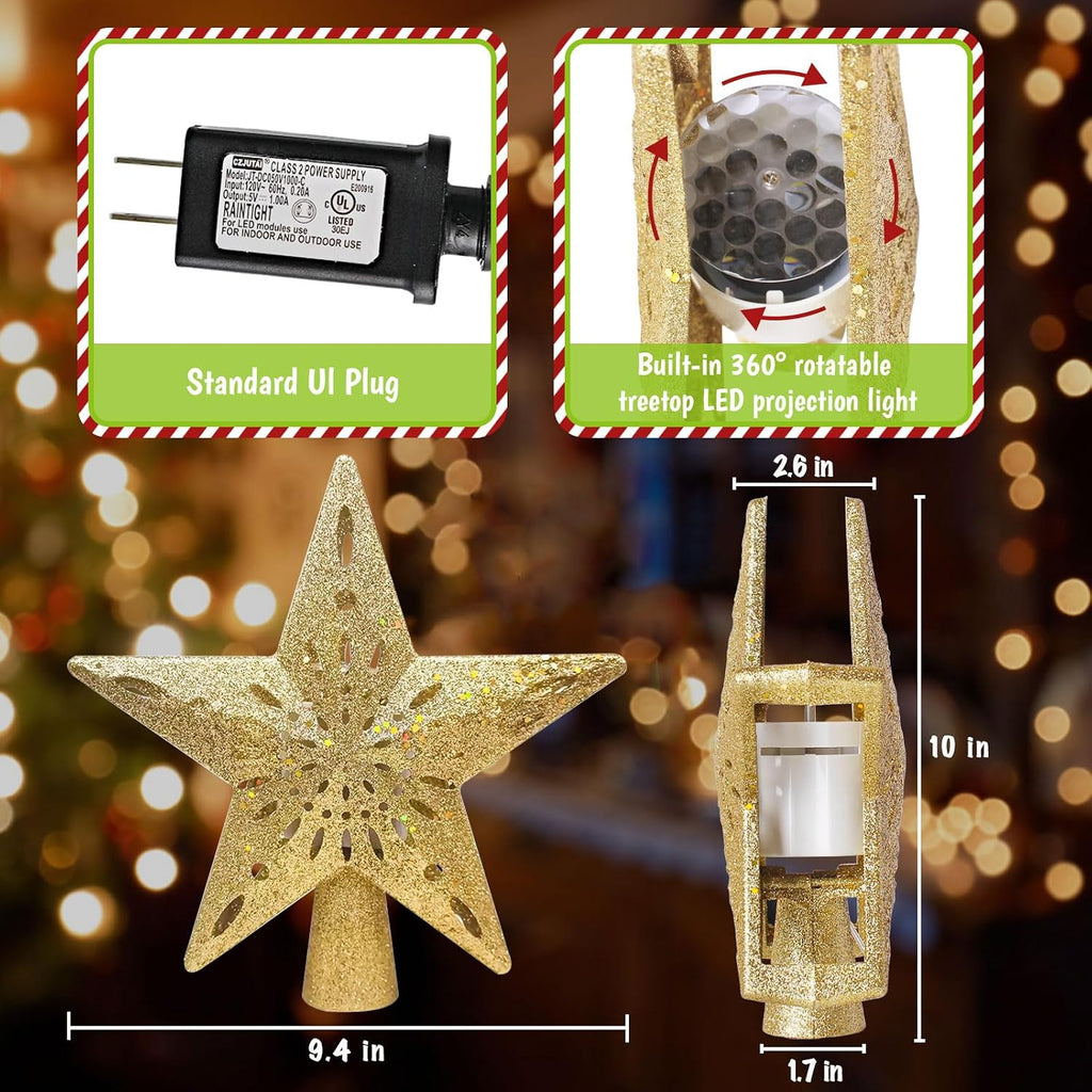 Christmas Tree Topper Lighted,Star Tree Topper with Projector Built-in LED Rotating Lights with 6 Projection Modes,3D
