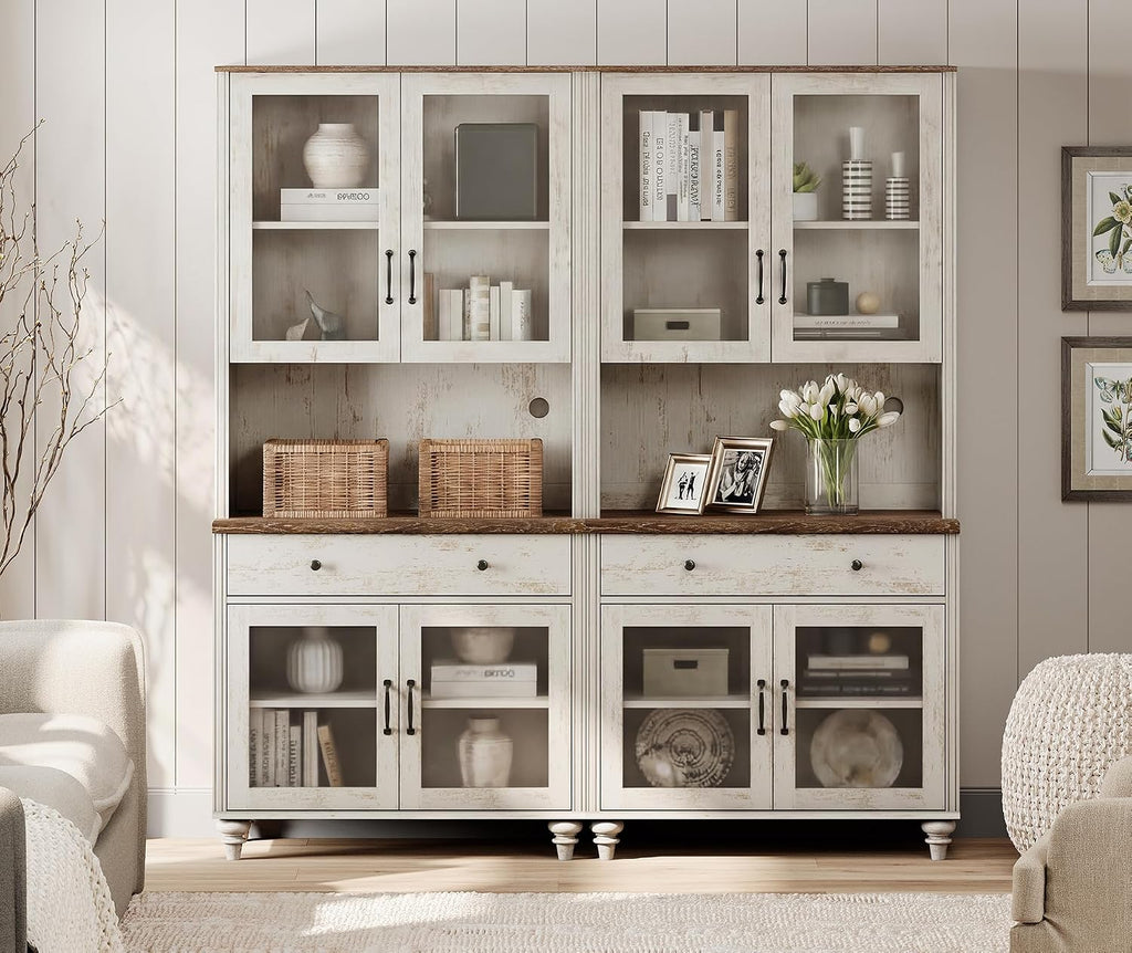 72" Tall Bookcase with Glass Doors & Drawer Set of 2, Large Farmhouse Display Book Shelf with Bar Cabinet, Library