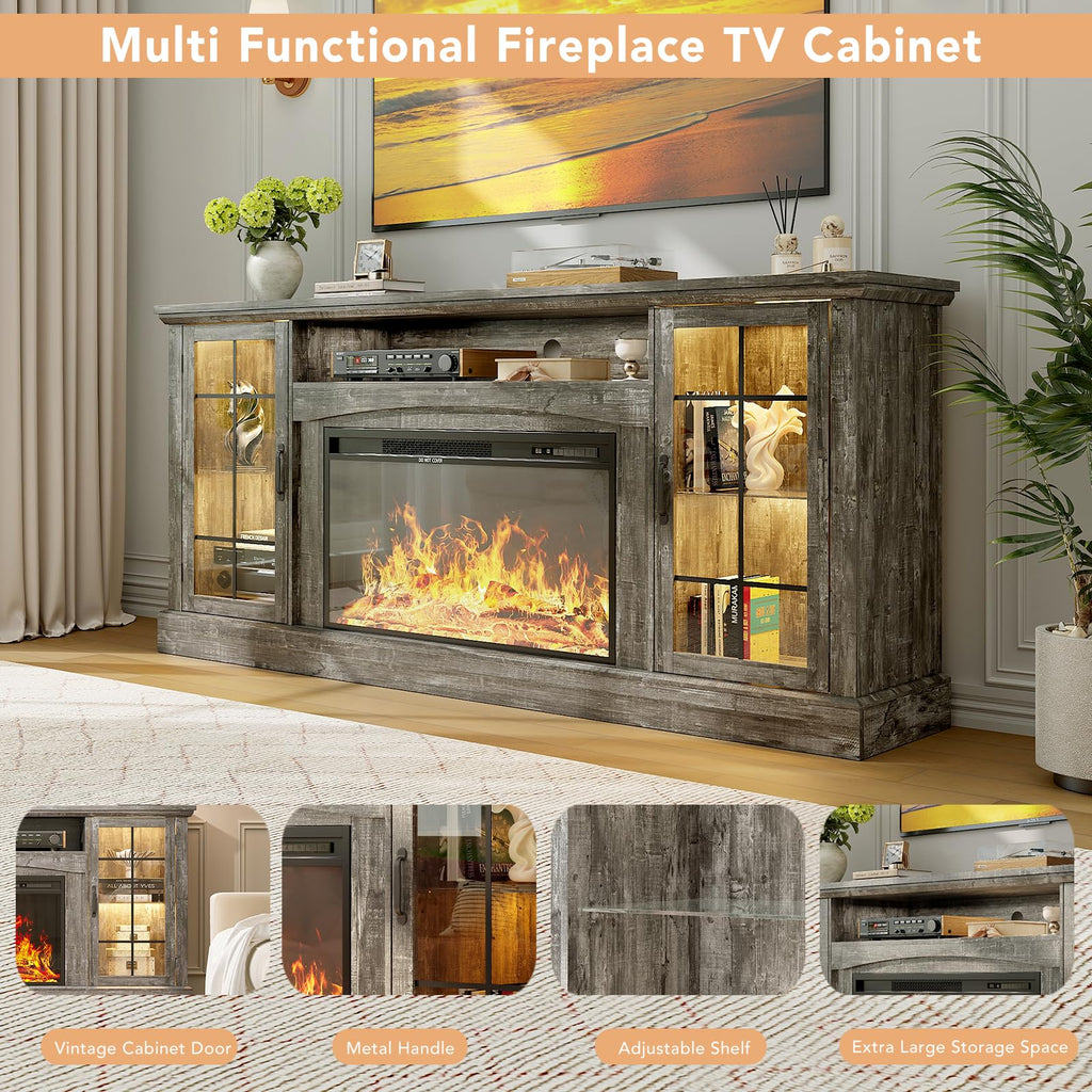 2-in-1 Multifunctional Fireplace TV Stand with 30" Removable Electric Fireplace, 70" Farmhouse Entertainment Center