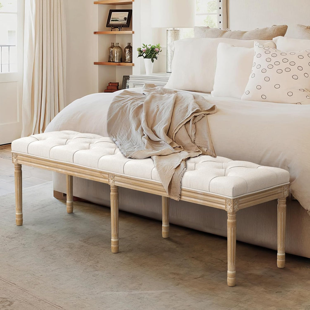 60" Fabric End of Bed Bench, Upholstered Tufted French Bedroom Bench with Carved Legs End of King Size Bed, Living