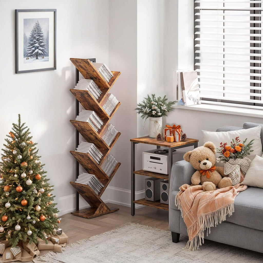Tree Bookshelf, 9-Tier Bookcase Wooden Shelves, Floor Standing Storage Rack, for Display of CDs, Books