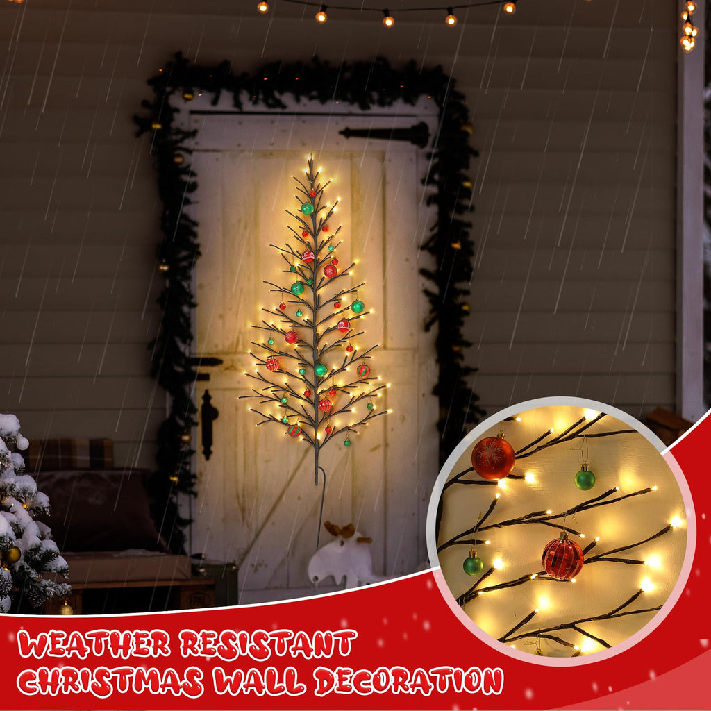5 FT 144 LED Lighted Wall Christmas Tree with Decorative Balls, 8 Light Modes Plug in Half Christmas Tree, Hanging