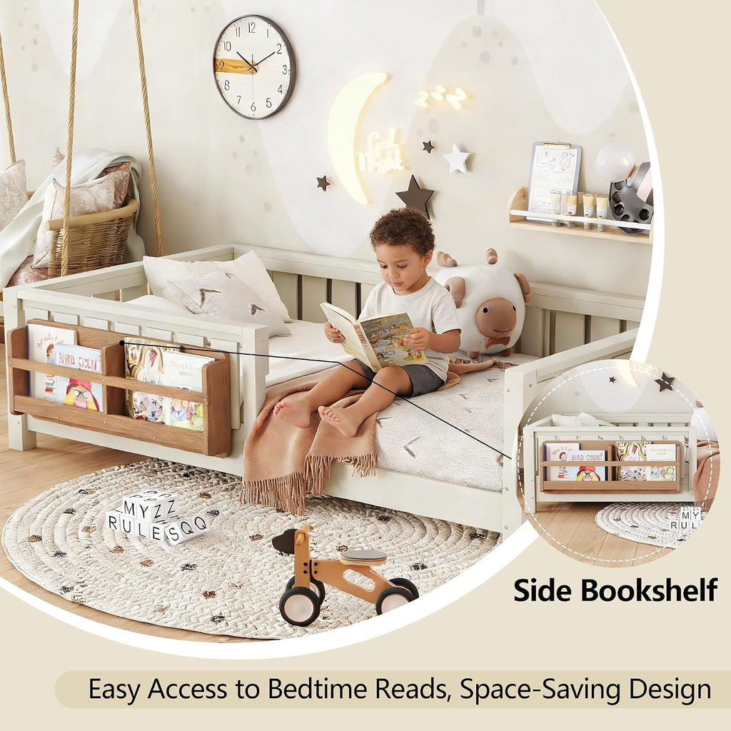 Kids Montessori Floor Bed Frame with Bookshelf and Guardrail, Solid Wood Floor Bed Frame with Slats for