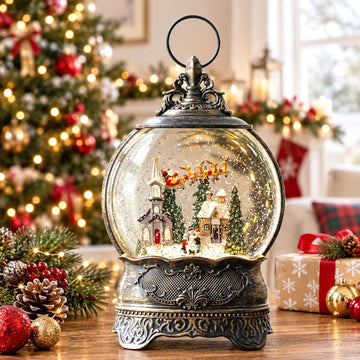 Christmas Snow Globes Lantern Snow Globe with Music Water Lantern Santa Flying Scene Elk Lighted Swirling Water