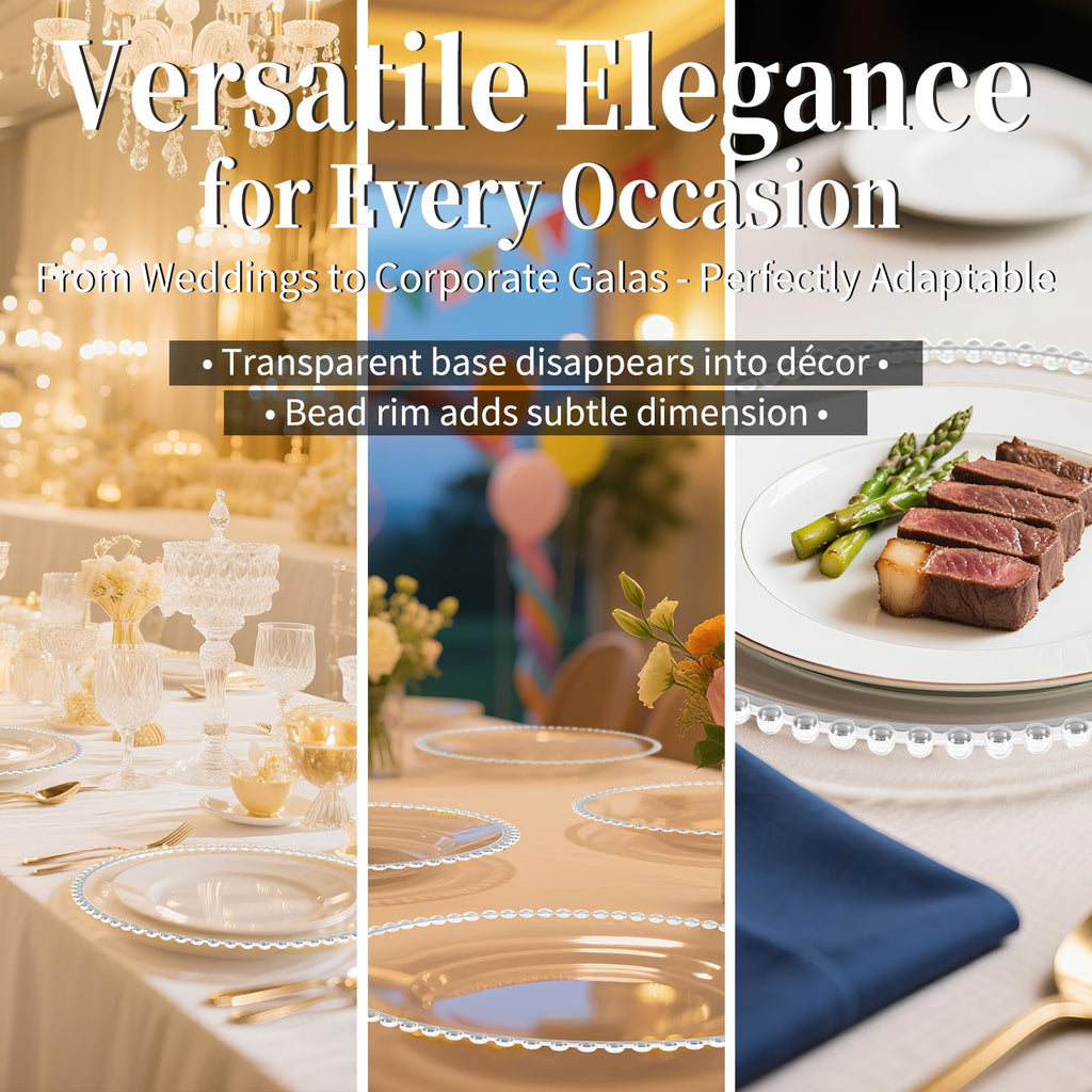 10Pcs Silver Rim Clear Charger Plates Bulk Wedding - 13" Premium Clear Plastic Chargers with Silver Beaded