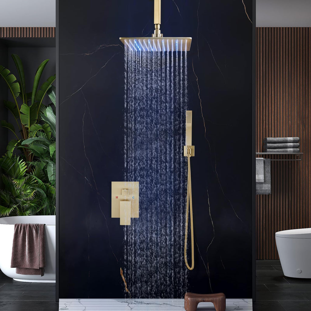 Ceiling Shower Faucet Set with Handheld 12" LED Head Brushed Gold
