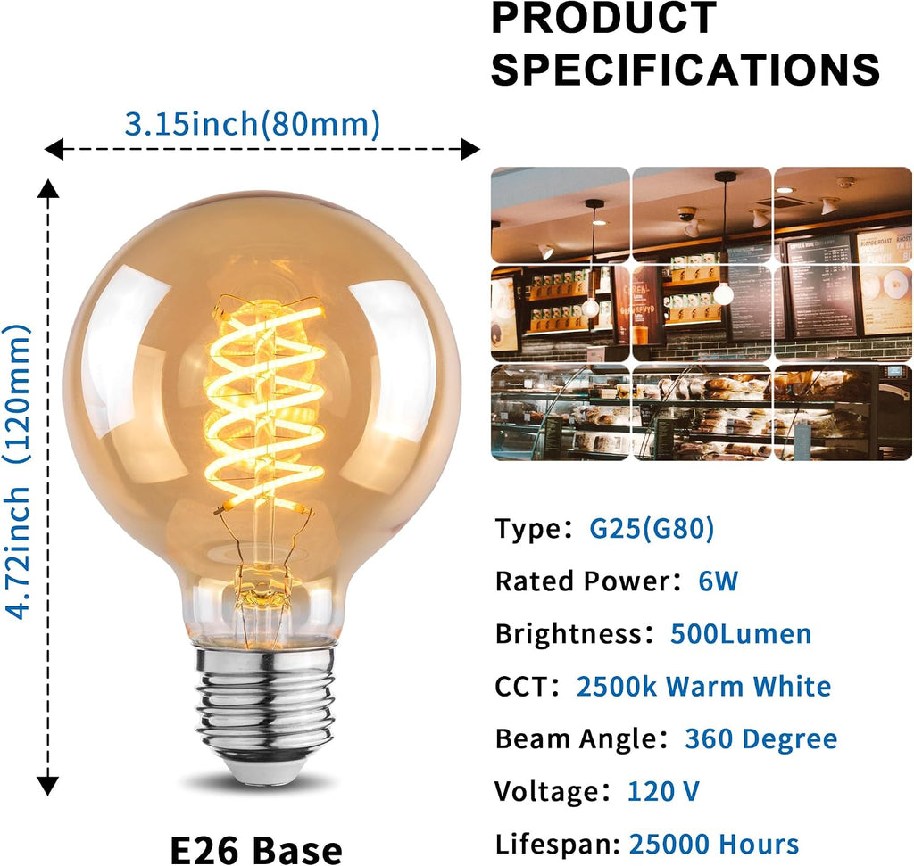 G25 Globe LED Edison Light Bulbs, 6W Equivalent to 60W, 2500K Warm White Flexible Spiral Filament Light Bulbs