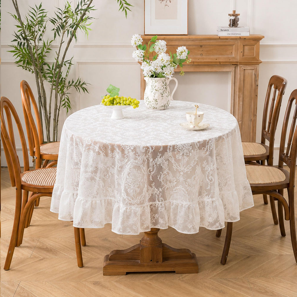 White Lace Tablecloth, Floral 60" Round Table Cloth
