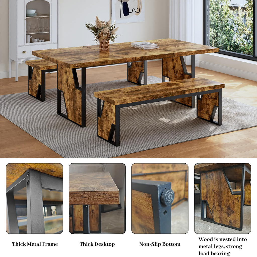 70.8" Wooden Dining Table with 2 Benches Kitchen Table and Chairs