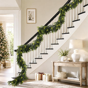 15FT Christmas Norfolk Pine Pre-Lit Garland with 125 LED Lights Real Touch Prelit Garland Christmas Greenery Garland