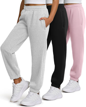 Girls Sweatpants 3 Pack Fleece Athletic Joggers, Teen Sweat Pants with Zipper Pockets and Drawstring