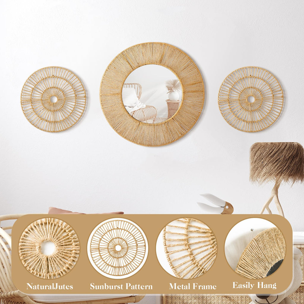 3 Pcs Boho Mirror Wall Decor, Natural Jute Woven Round Mirror, 19.7" Large Decorative Mirrors with 2 Wall Art