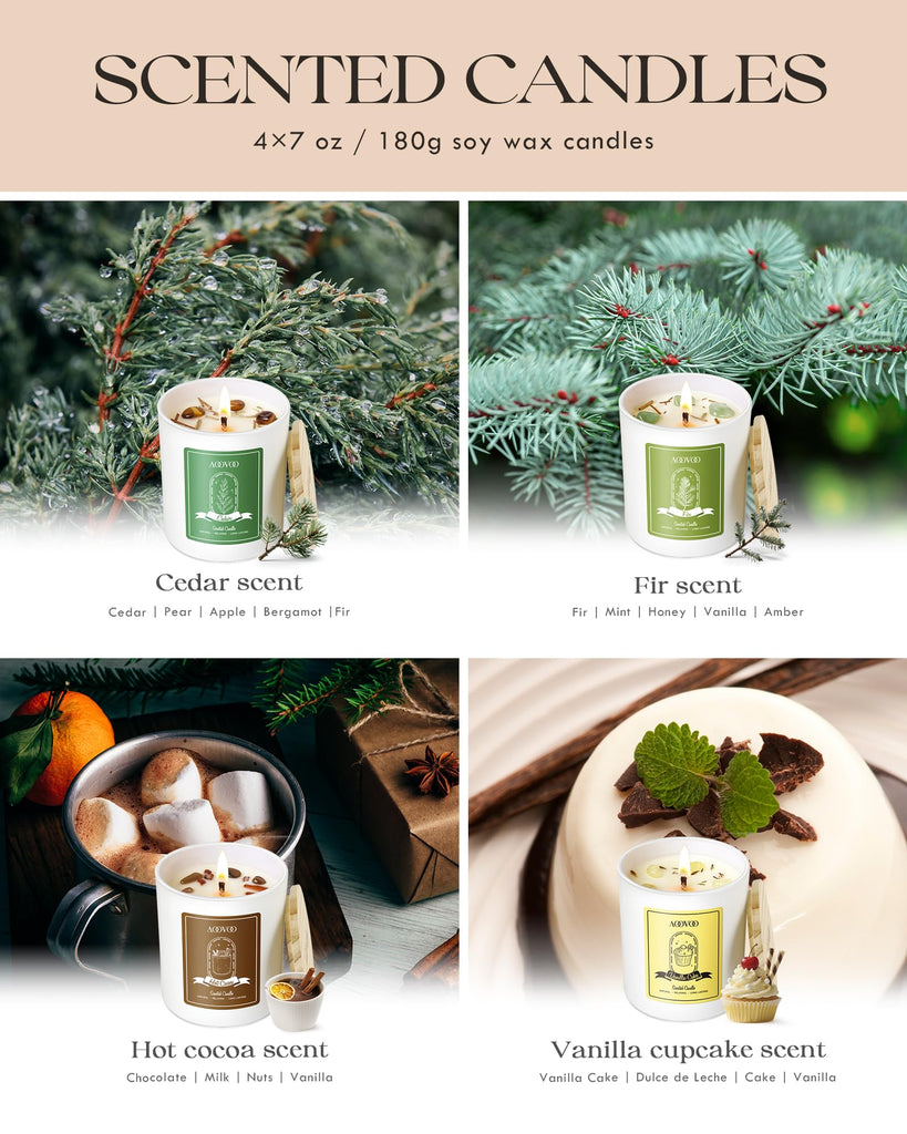 Holiday Candles Set for Women - 4 Pack Candles Scented, Aromatherapy with Crystals, 28 oz 200 Hour Long Lasting