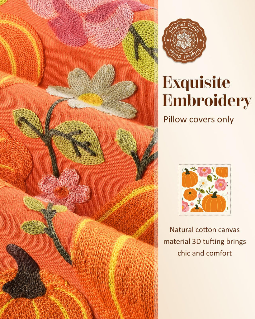 Fall Embroidered Throw Pillow Cover 18x18 Inch, Pumpkin Floral