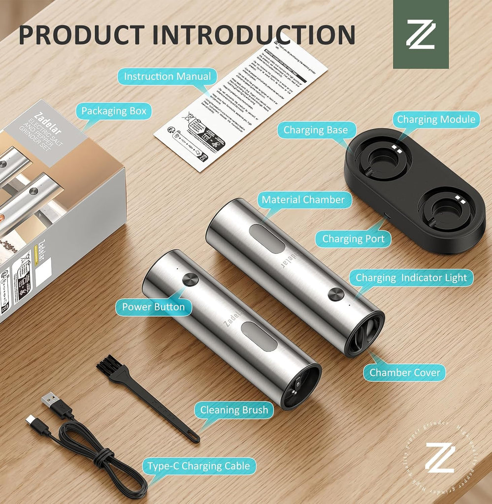 Rechargeable Electric Salt and Pepper Grinder Set with USB-C Charging Base, Stainless Steel Automatic Salt and Pepper - Set of 2