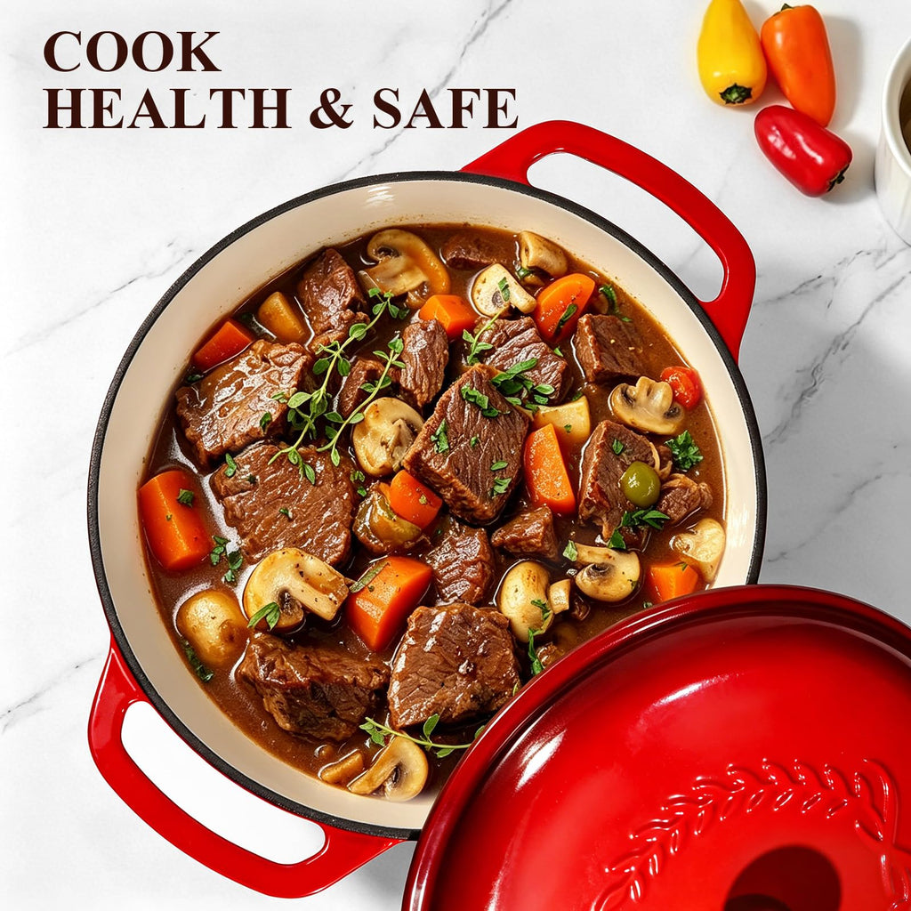 Enameled Cast Iron Dutch Oven - 6QT Pot with Lid & Cotton Potholders - Oven Safe Enamel Cookware for Bread Baking