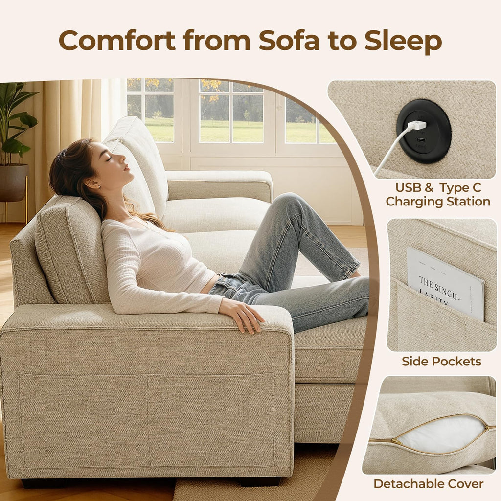 99" L-Shaped Sofa with Storage Chaise, Modern Sectional Couch, Beige