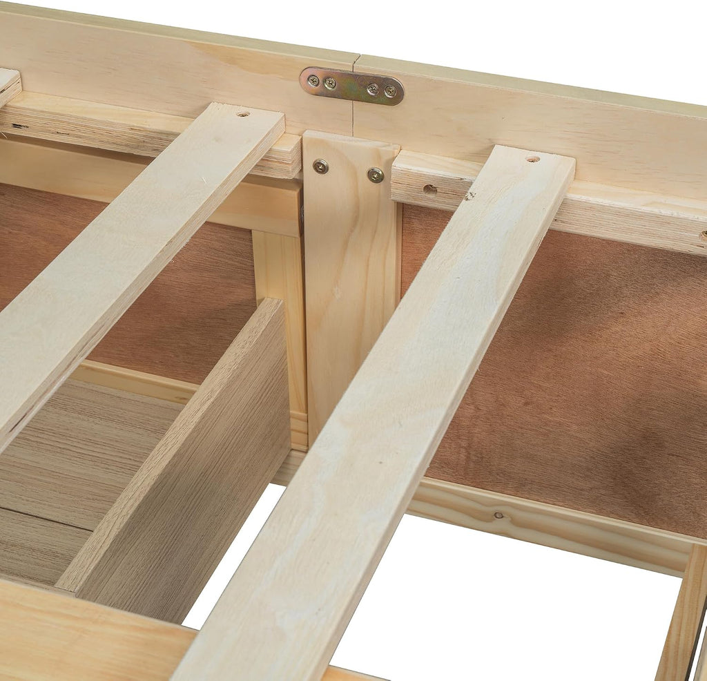 Japanese Low Platform Wooden Bed Frame with 6 Antique Natural Storage Drawers, Farmhouse Floor Beds
