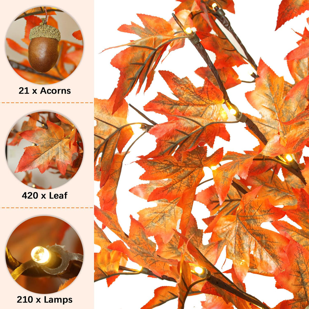 8FT 210 LED Lighted Maple Tree - Thanksgiving Decor Artificial Fall Tree with 21 Branches, 21 Acorns 420 Leaves