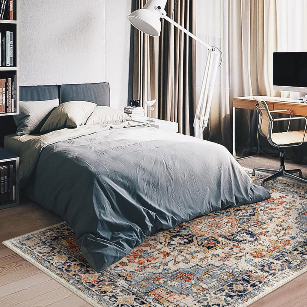 Area Rugs Washable Non-Slip, Floral Vintage Distress Print Pattern Medallion Carpet Bedroom Dining Room, Beige Navy