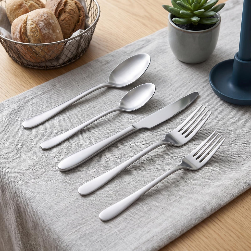 20-Piece Silverware Set & Flatware Set, Hammered Square Handle Silver Stainless Steel Service for 4, Matte Satin