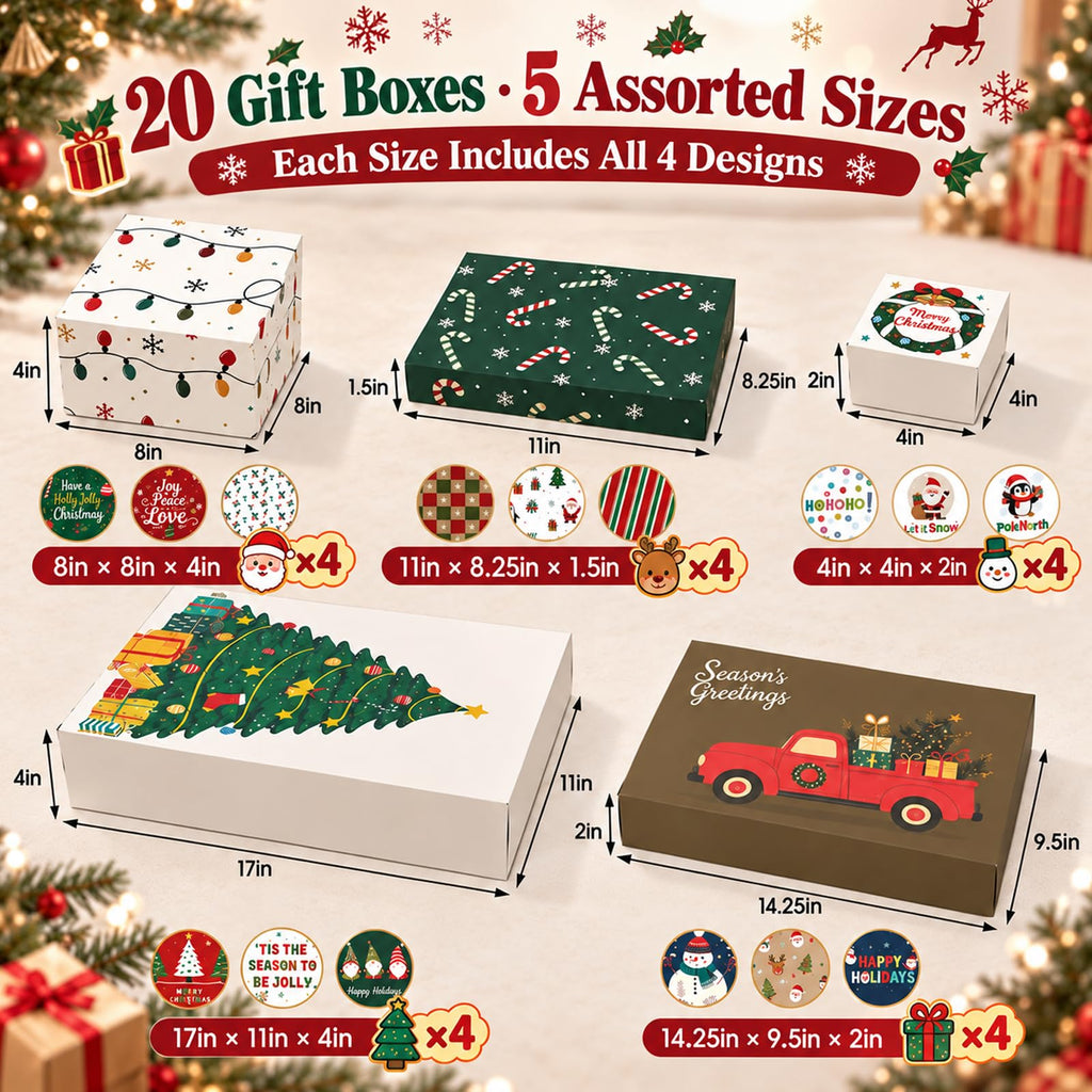 20 Pack Christmas Gift Boxes with Lids, 5 Sizes, 20 Festive Designs