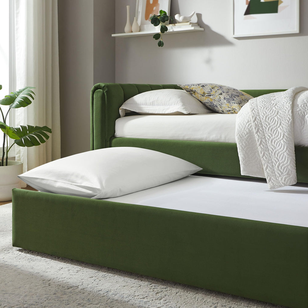 Veyla Twin Size Performance Velvet Daybed in Moss Green with Trundle - Channel Tufted Upholstered Sofa Bed with Wood
