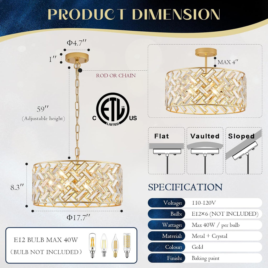 Gold Crystal Chandelier, 18" Modern Drum Ceiling Light Fixture, Luxury 6-Light K9 Crystal Pendant Lighting
