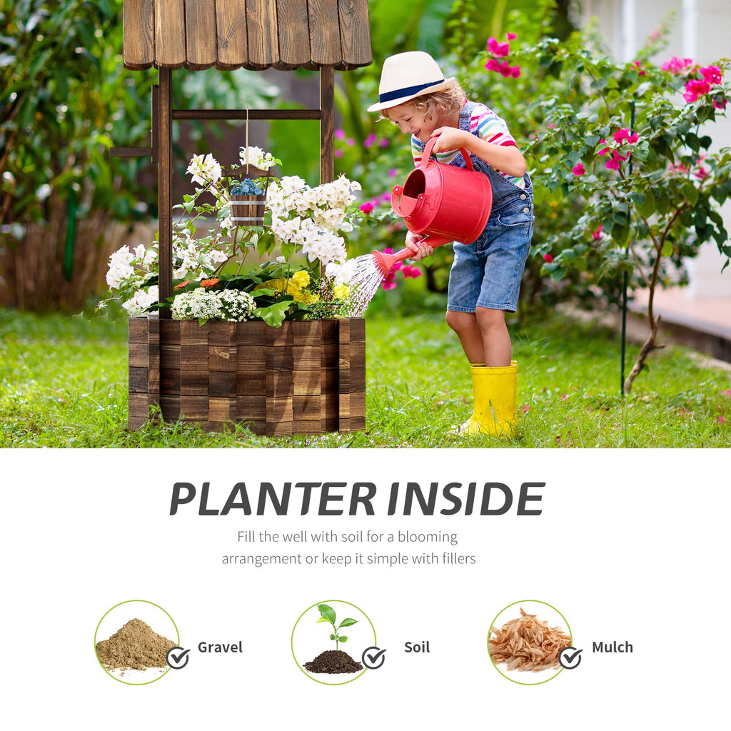 Wishing Well Planter for Yard, Outdoor Large Wooden Wishing Well with Hanging Bucket for Flower and Plants Wishing