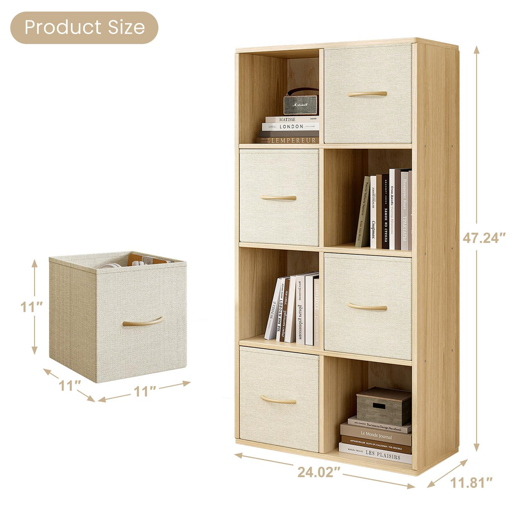 8 Cube Storage Organizer - Solid Wood Bookshelf with 4 Storage Bins, Cube Shelf with 2 Removable Back Panels