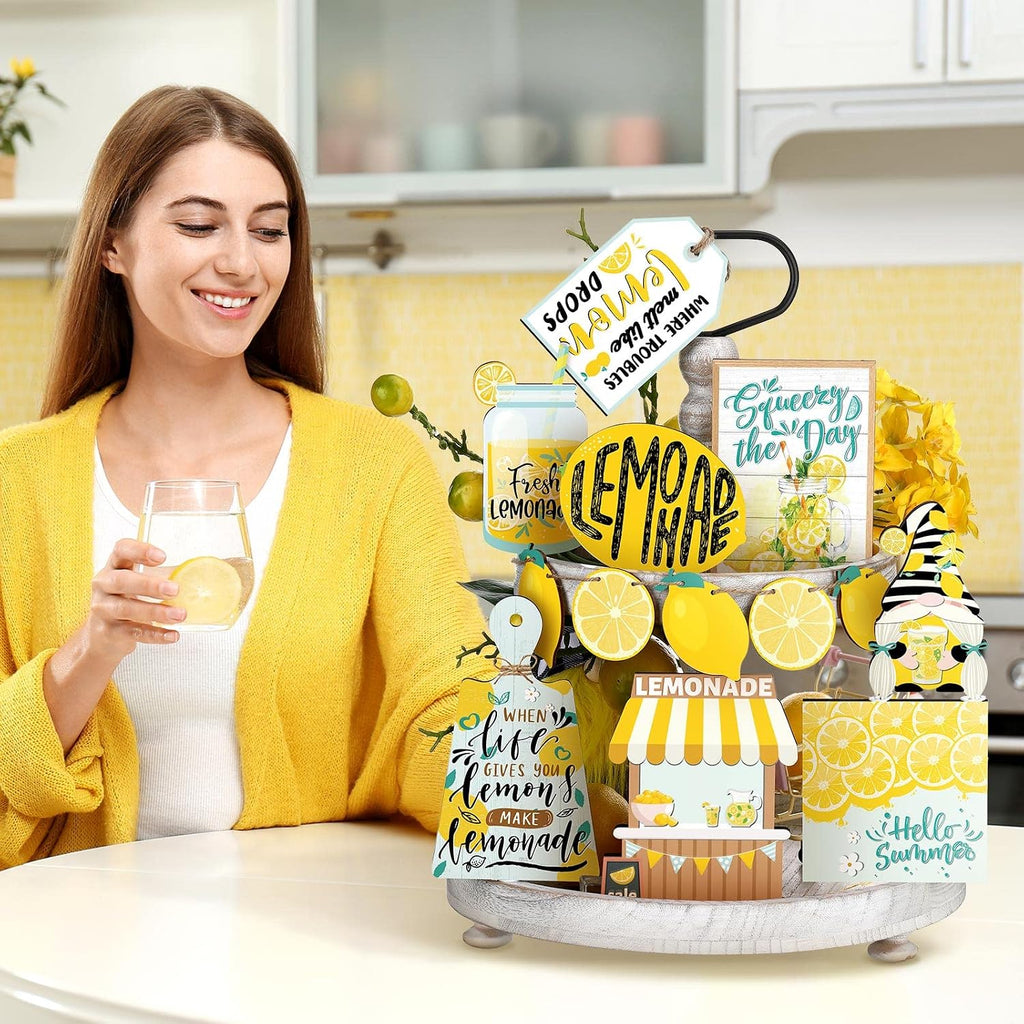 Lemon Tiered Tray Decor Lemon Decorations Summer Lemonade Wooden Signs Rustic Farmhouse Decorative Trays - Set of 13