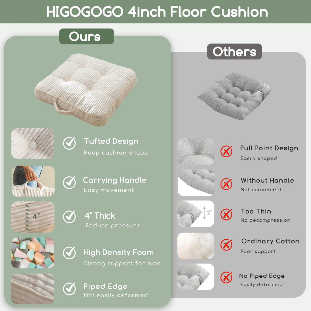 Floor Pillow Cushion for Adults, Meditation Cushion Pillow, Large Square Floor Sitting, Tufted Corduroy Cover, for