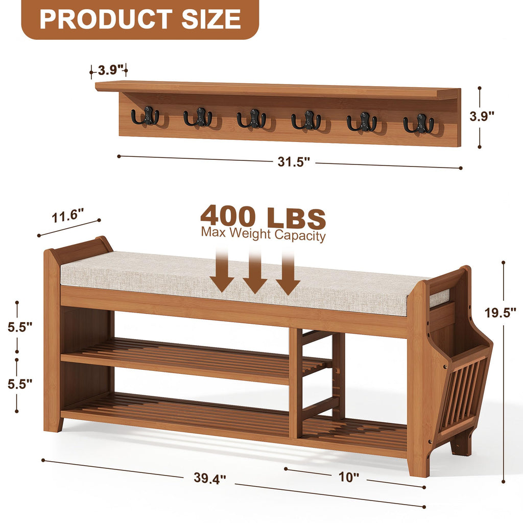 39.4" Shoe Bench with Coat Rack Hidden Drawer and Side Holder, 2 Tier Entryway Bench with Storage, Bamboo Shoe Rack