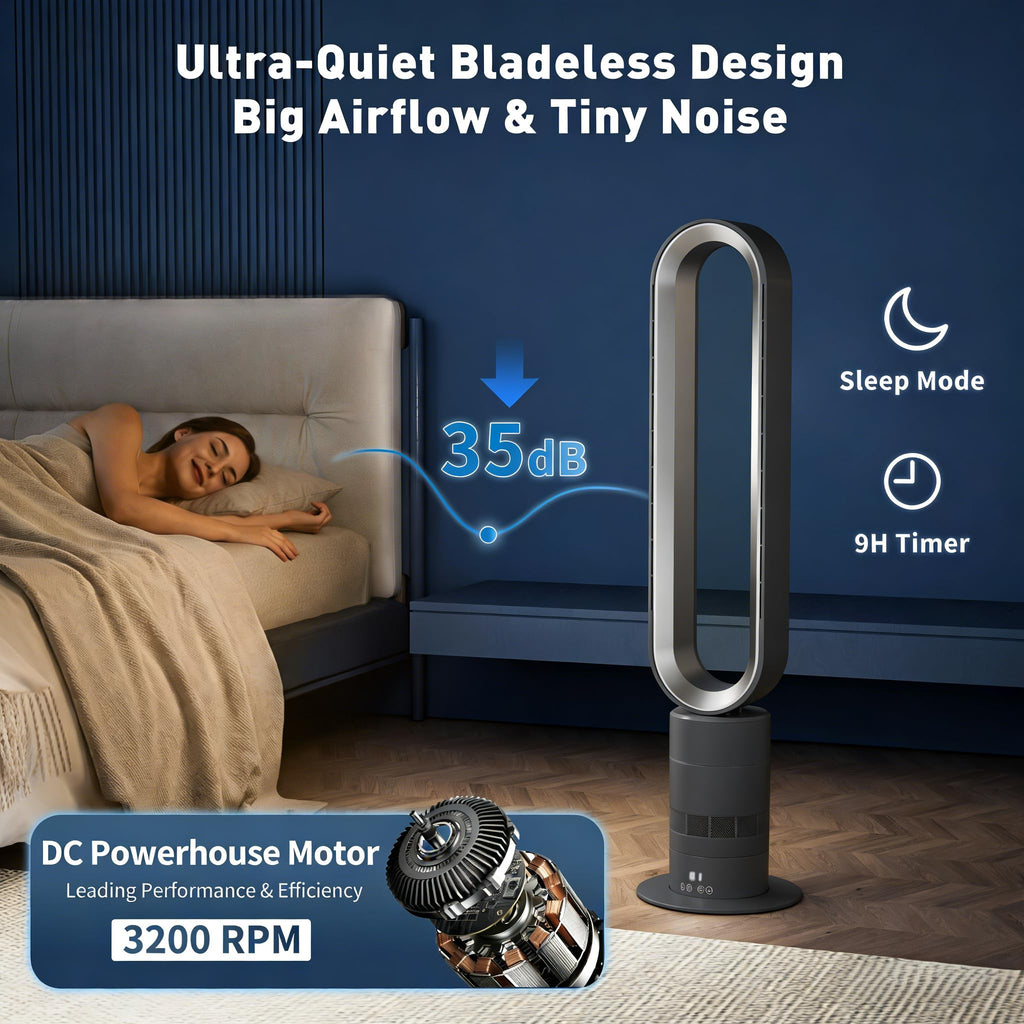 H601 Bladeless Tower Fan, 10 Cooling Speeds, Remote Control, Ultra-Quiet Brushless DC Motor & Commercial Use, Silver