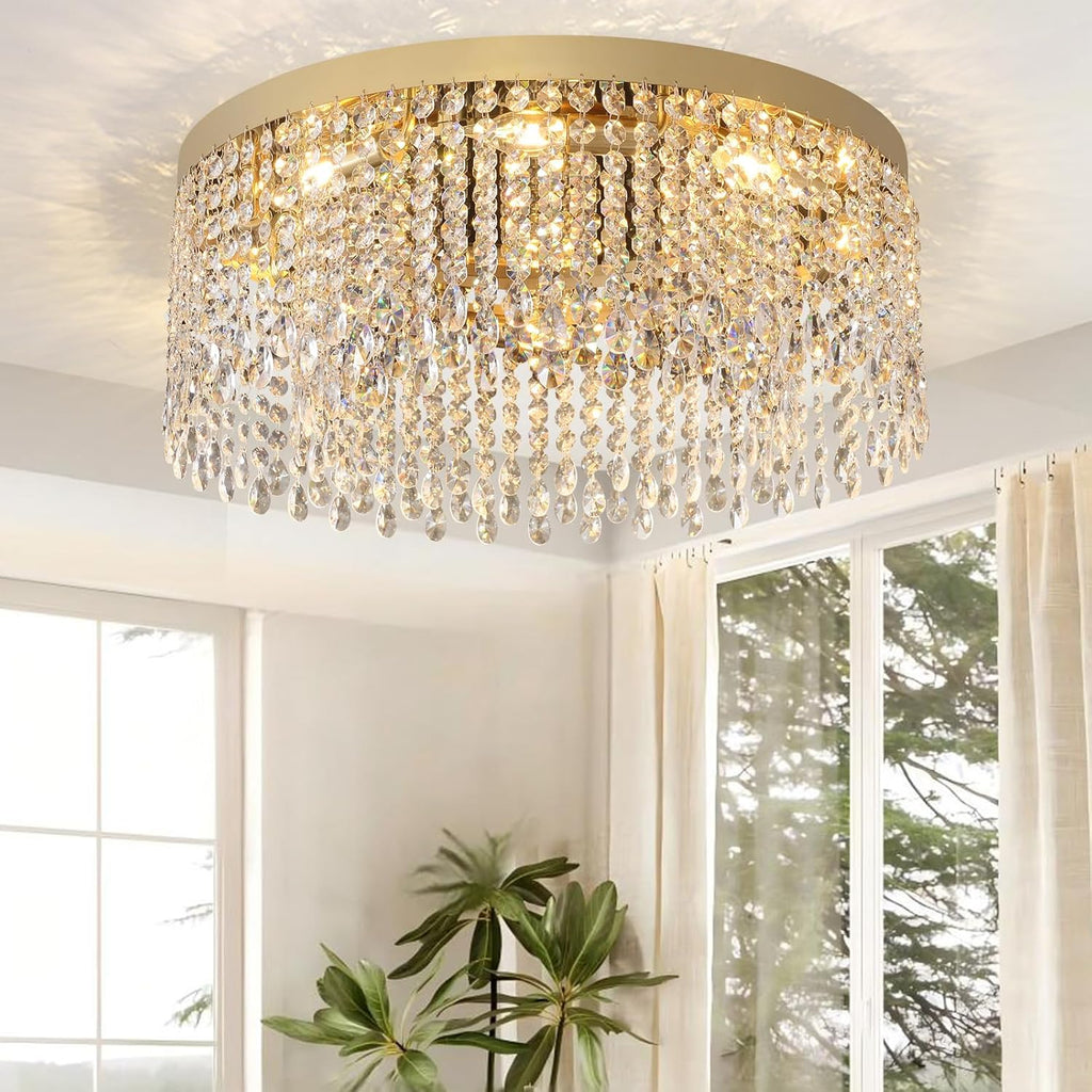 Modern Crystal Chandelier 24 inch Large Gold Chandeliers Ceiling Light Round Raindrop Chandeliers Flush Mount