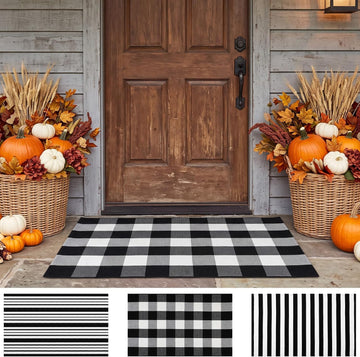 3 Pcs Black and White Striped Rug Buffalo Plaid Outdoor Rug