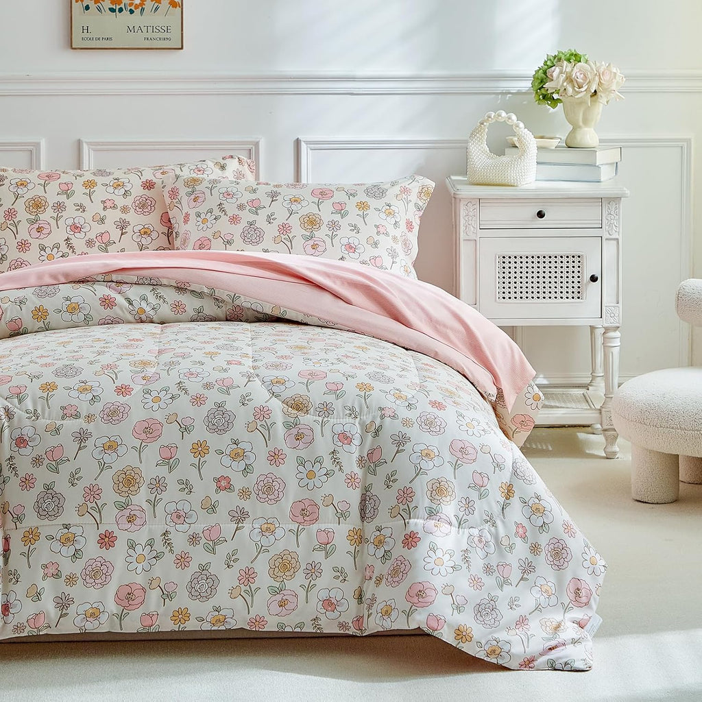 Floral Twin Comforter Set,5 Pieces Twin Bedding Set for Girls,Twin Bed in a Bag, All Season Kids Sheet Set with