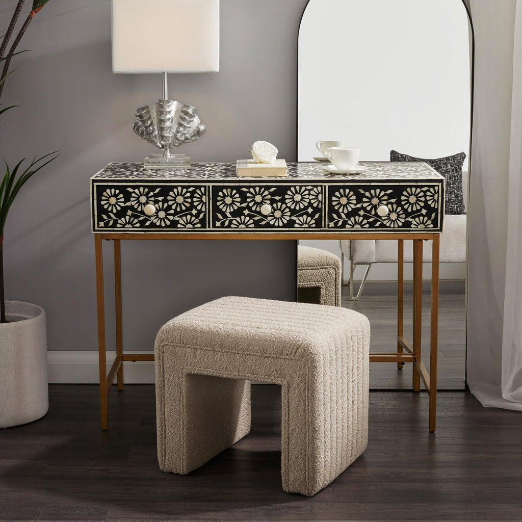 Vanity Stool Chair, Fully Assembled Modern Boucle Ottoman Footstool with Wooden Legs, Multifunctional Upholstered