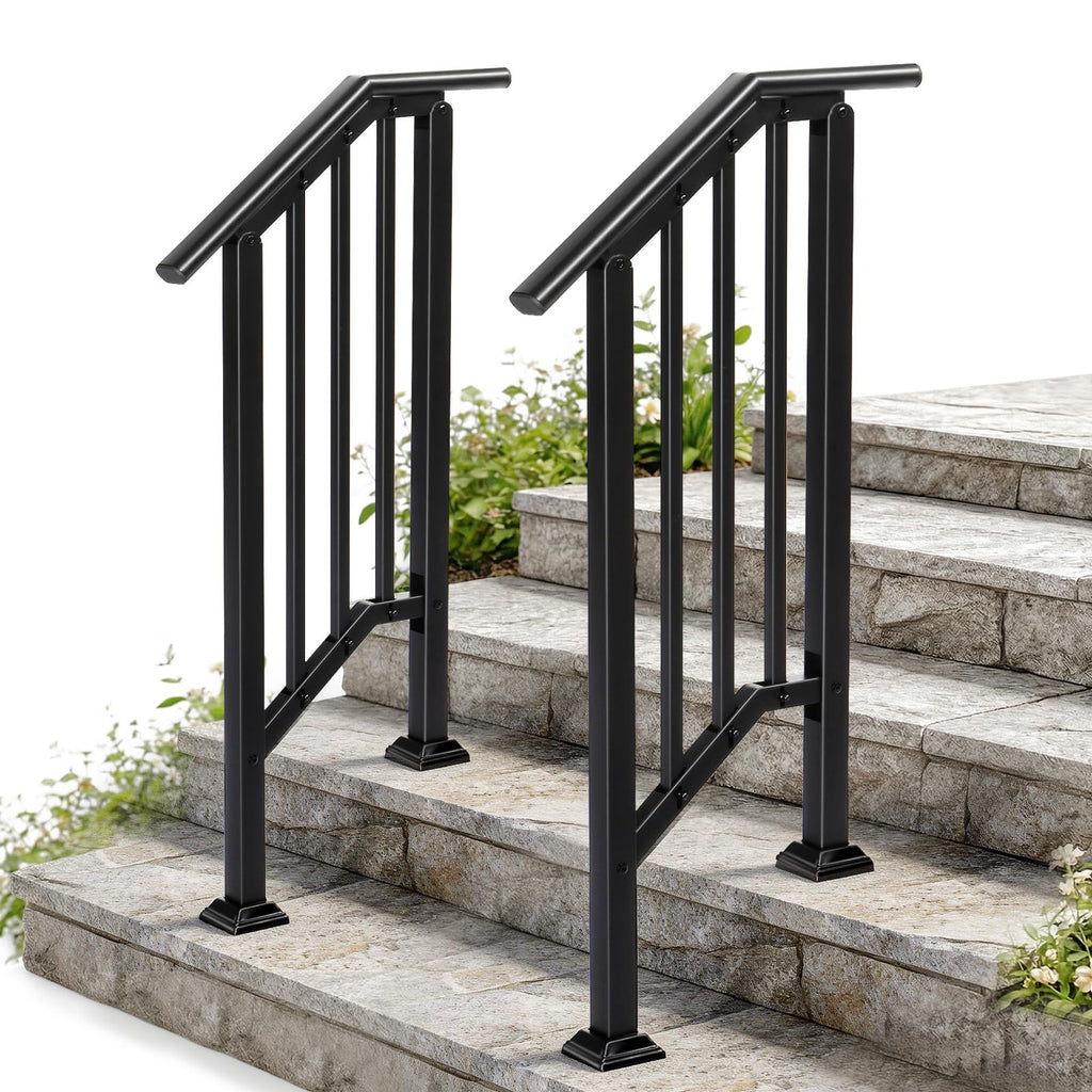 2 Pack 2 Step Handrails for Outdoor Steps, Wrought Iron Stair Railing Fits 1 or 2 Steps, Metal Hand Railing with
