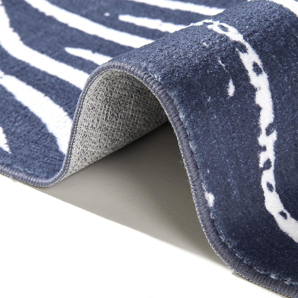 Modern Contemporary Area Rugs Navy Blue Washable, Ultra Thin Abstract Swirl Stripes Ocean Wave Minimalist Indoor