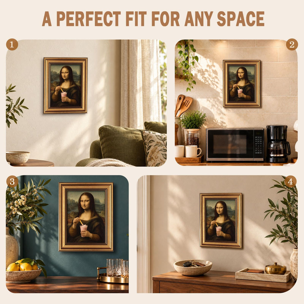 Funny Mona Lisa Wall Art with Pink Milkshake Vintage Gold Frame