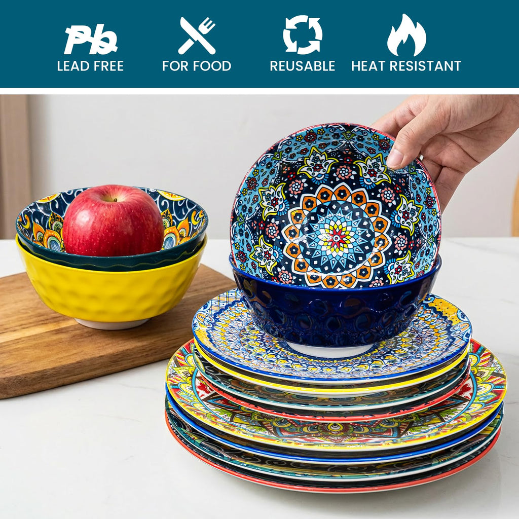 12 Pieces Dinnerware Sets, Ceramic Plates and Bowls Set, Microwave and Dishwasher Safe, Scratch Resistant, Bohemian