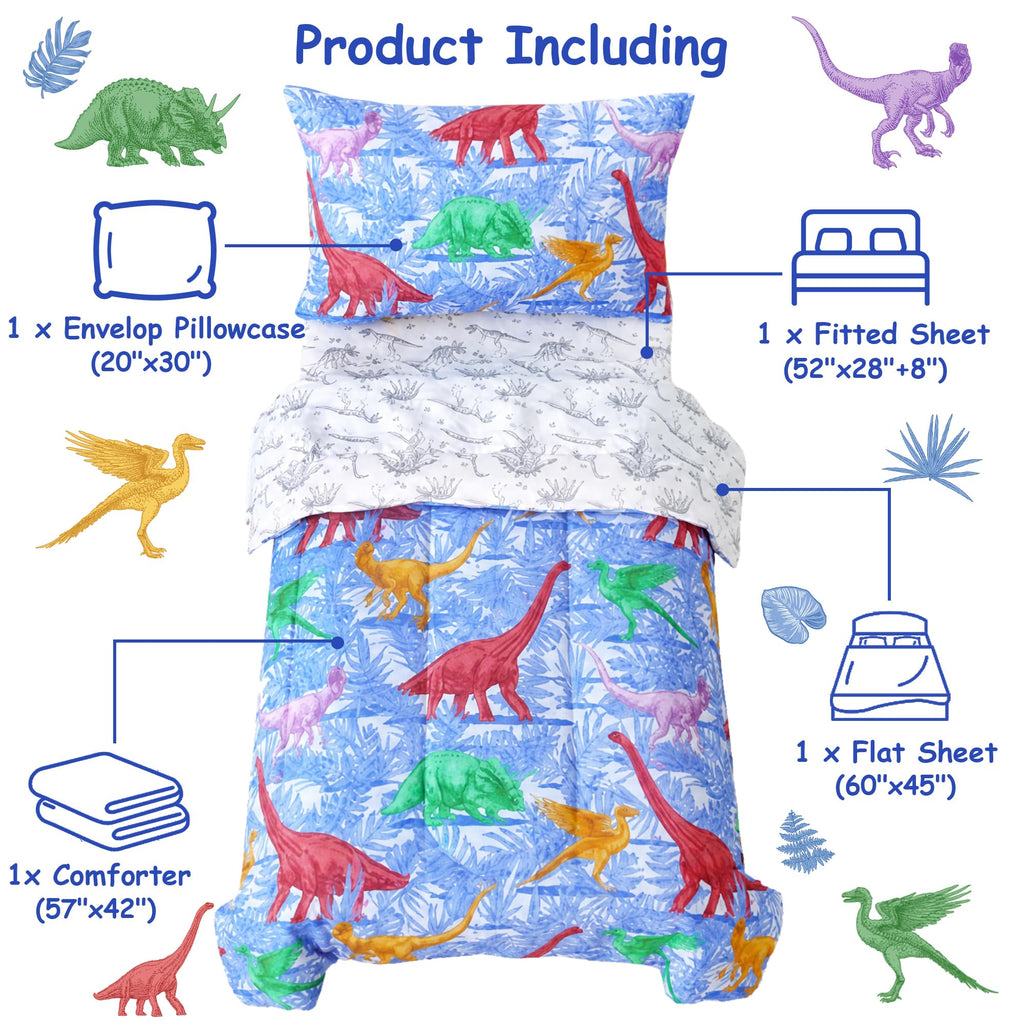 Toddler Bedding Sets for Boys,4 Pieces Dinosaur Printed Comforter
