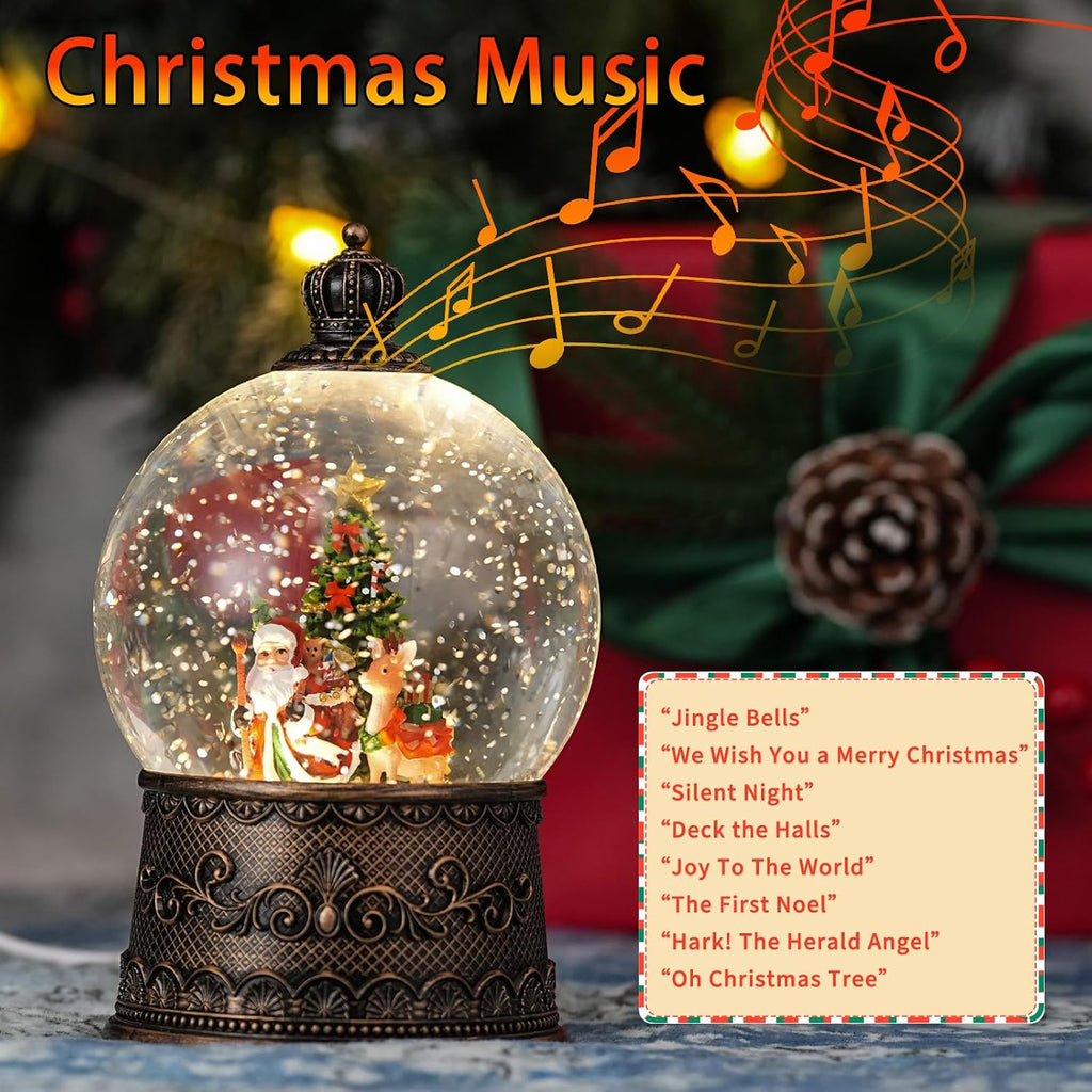 Snow Globe with Santa with Reindeer, Light Up Christmas Snow Globes with Music Timer - USB Plug or Battery Operated