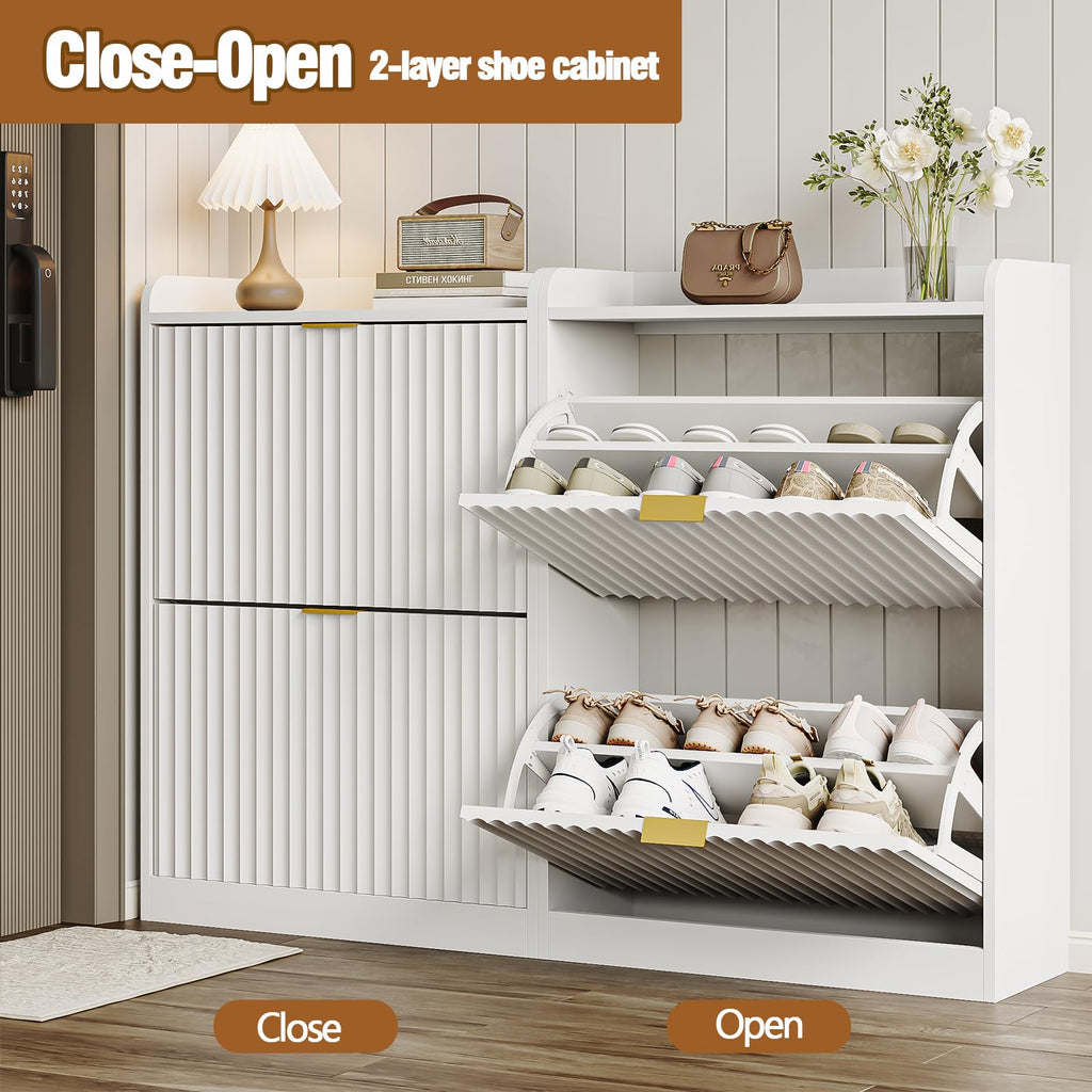 White Fluted Slim Shoe Cabinet Storage with 2 Flip Drawers