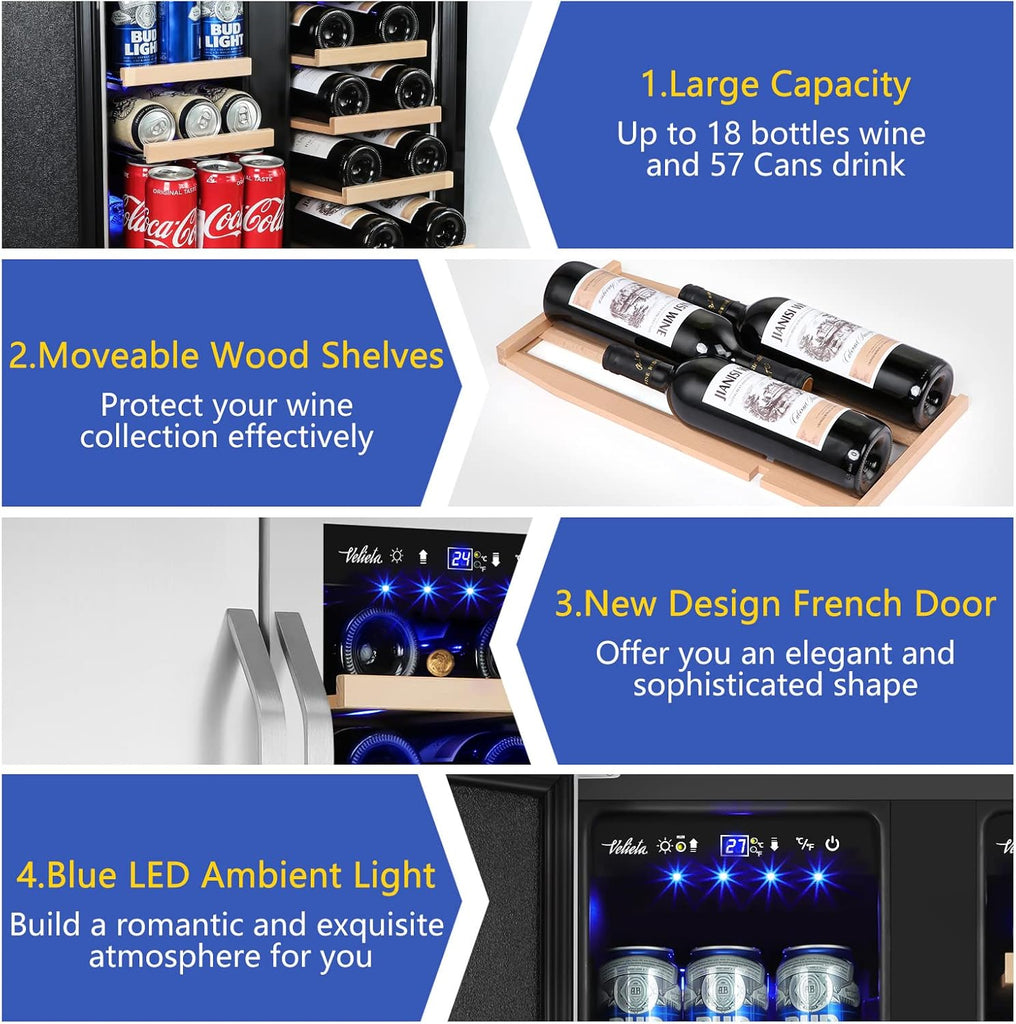 Wine and Beverage Refrigerator,24 Inch Dual Zone Wine Beverage Cooler, Built