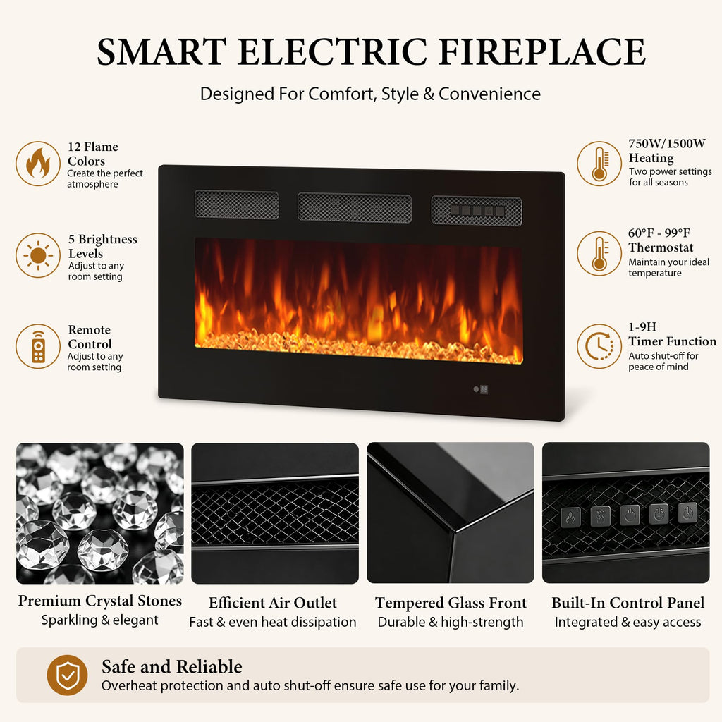 80" for TVs Up to 90", Entertainment Center with 36" Electric Fireplace and 12 Colors LED Lights, Large TV Console with